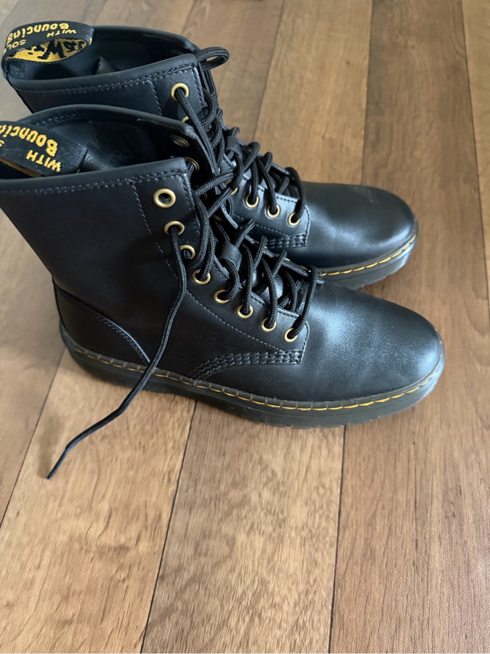 Dr. Martens Black Leather Lace-Up Boots with Yellow Stitching